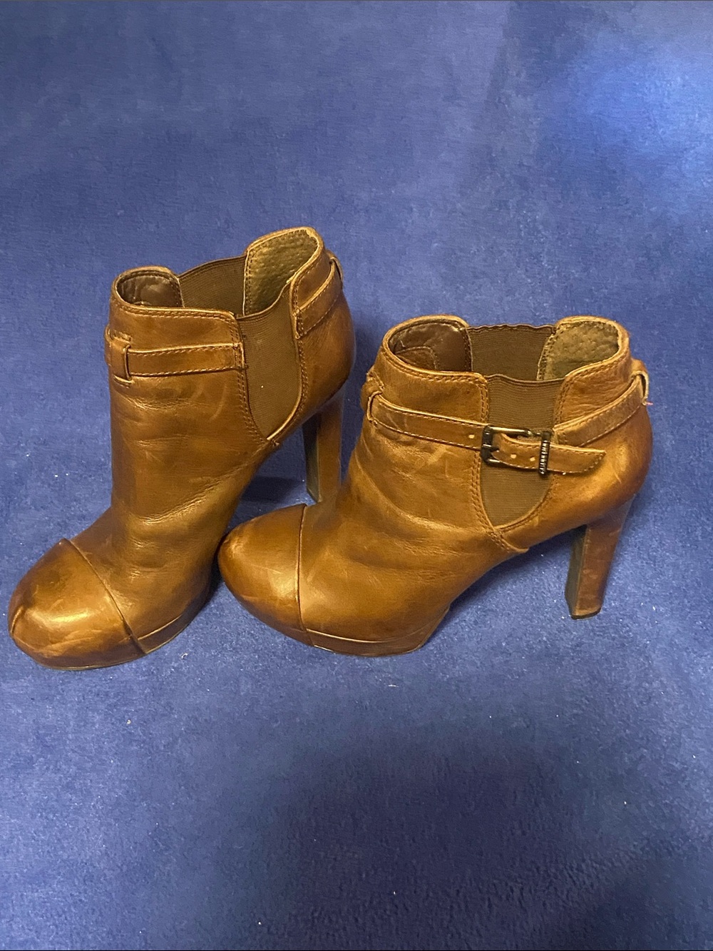 Gianni Bini Brown Leather High-Heel Ankle Booties with Buckle